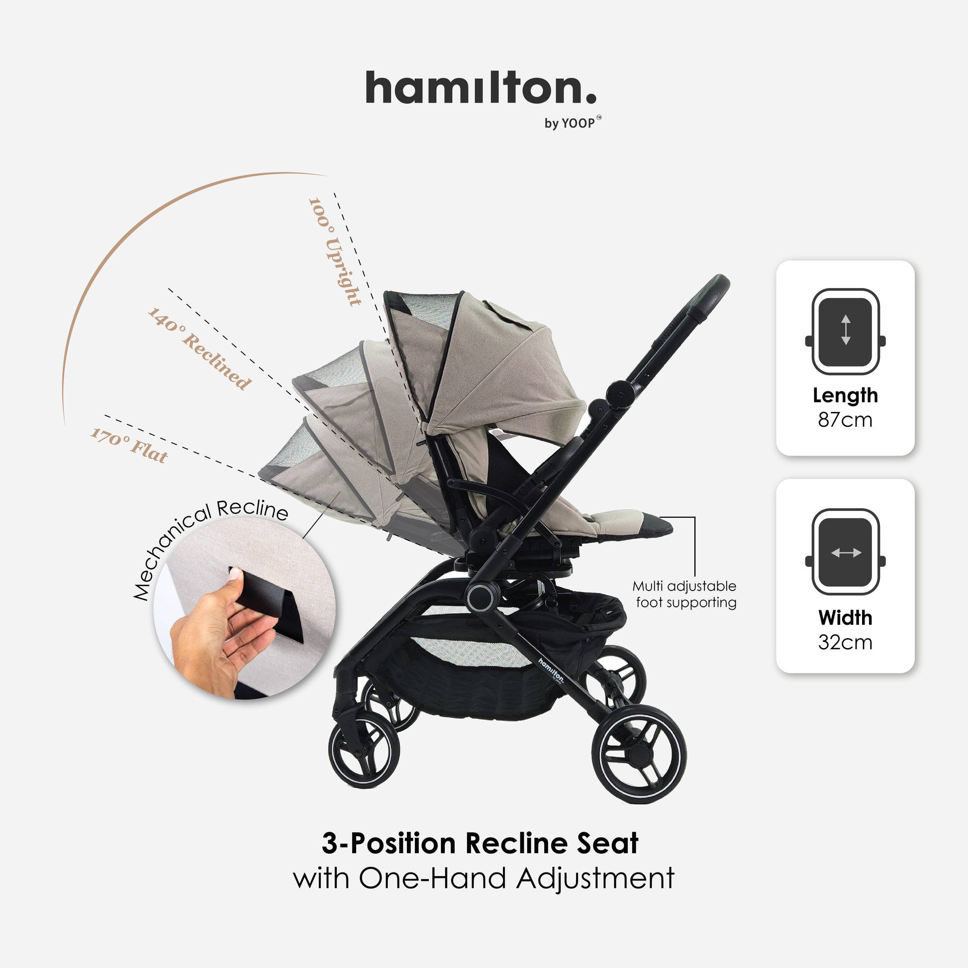 Hamilton by Yoop T1 Buggy – 360° Rotating Seat – MagicFold™ Technology – Foldable – Reflective Wheels with Suspension – Includes Protective Bag and Cup Holder – Adjustable and Manoeuvrable Pushchair – Lightweight Stroller – Folding Buggy – Grey