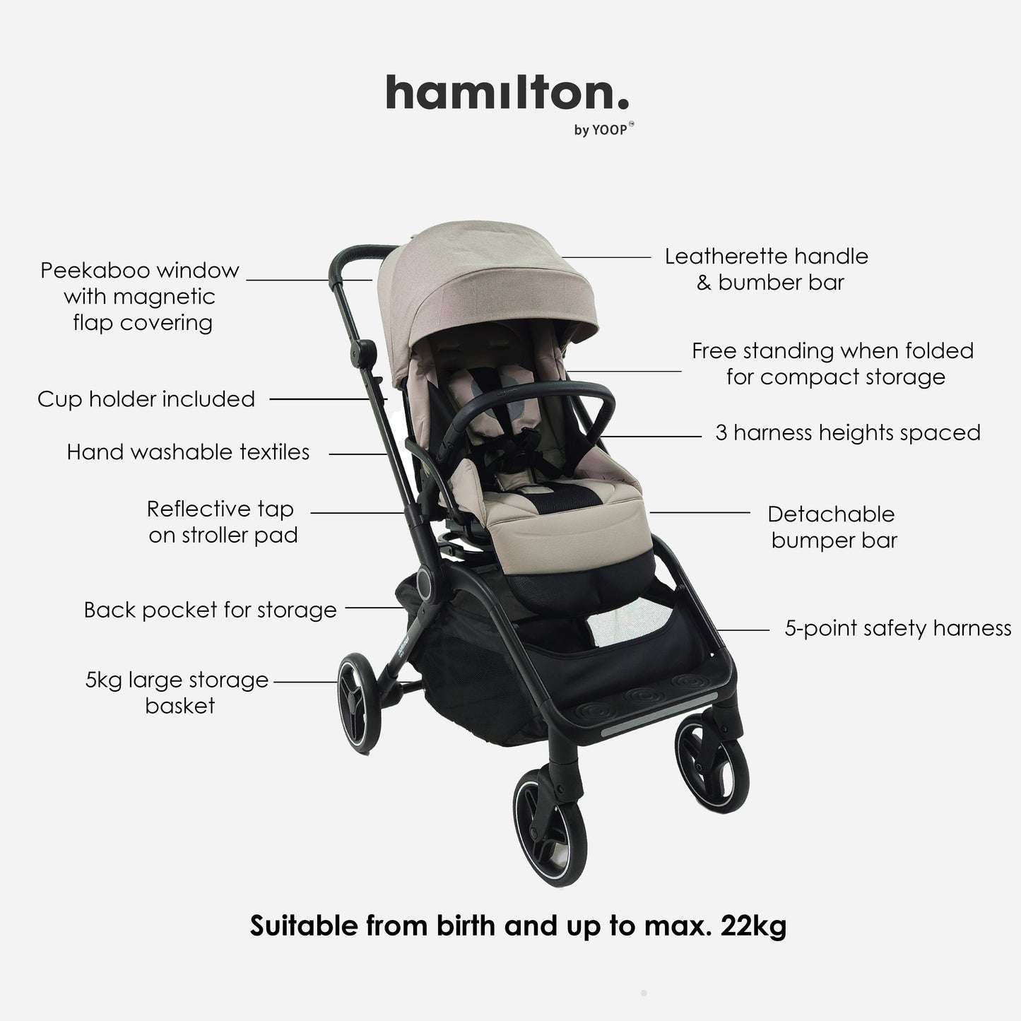 Hamilton by Yoop T1 Buggy – 360° Rotating Seat – MagicFold™ Technology – Foldable – Reflective Wheels with Suspension – Includes Protective Bag and Cup Holder – Adjustable and Manoeuvrable Pushchair – Lightweight Stroller – Folding Buggy – Grey