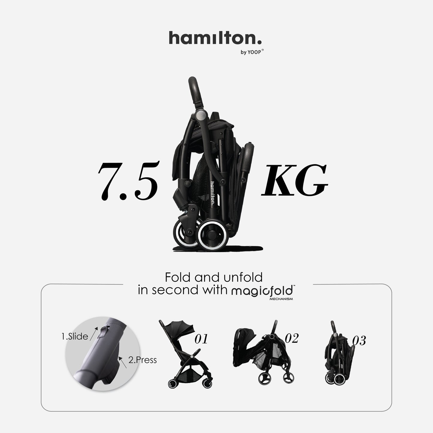 Hamilton by Yoop - Everyday Stroller - Quick Fold & Easy Store in Cabin Overhead Compartments - Autofold System - Black