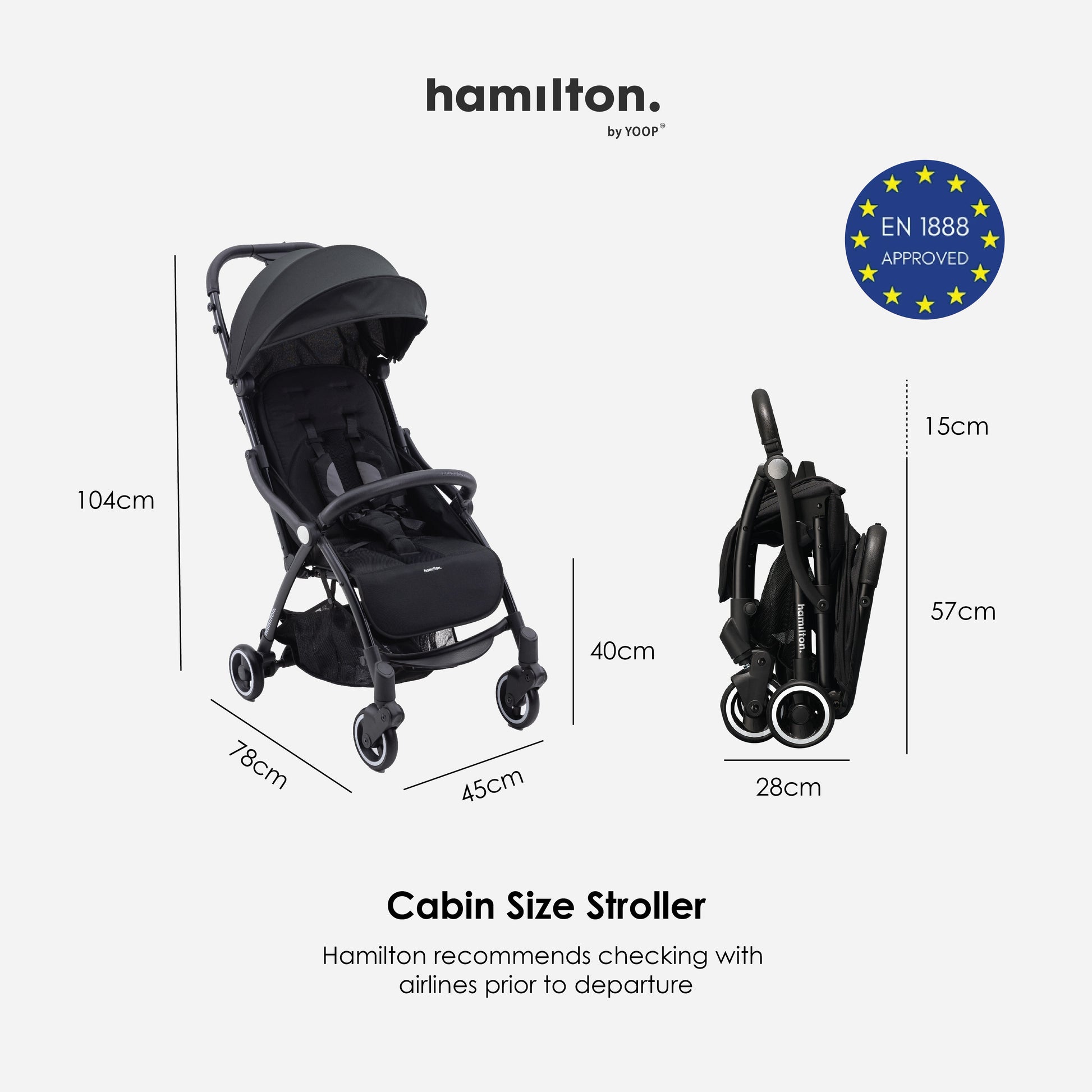 Hamilton by Yoop - Everyday Stroller - Quick Fold & Easy Store in Cabin Overhead Compartments - Autofold System - Black