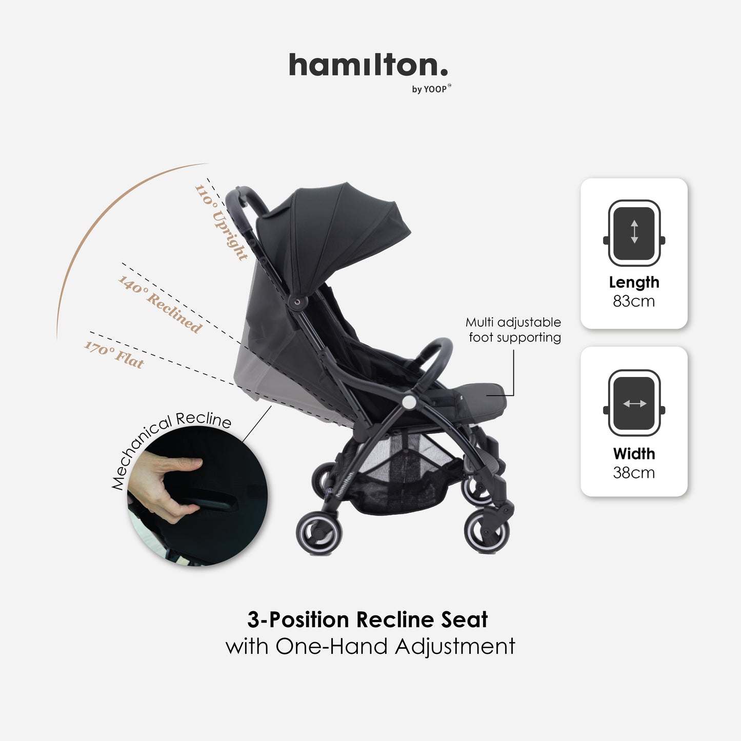 Hamilton by Yoop - Everyday Stroller - Quick Fold & Easy Store in Cabin Overhead Compartments - Autofold System - Black