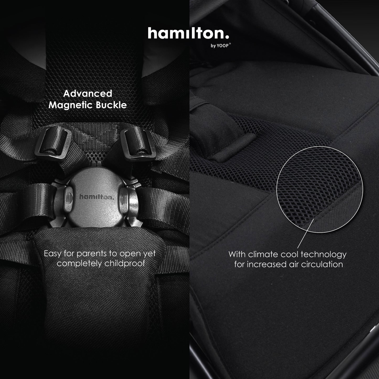 Hamilton by Yoop - Everyday Stroller - Quick Fold & Easy Store in Cabin Overhead Compartments - Autofold System - Black