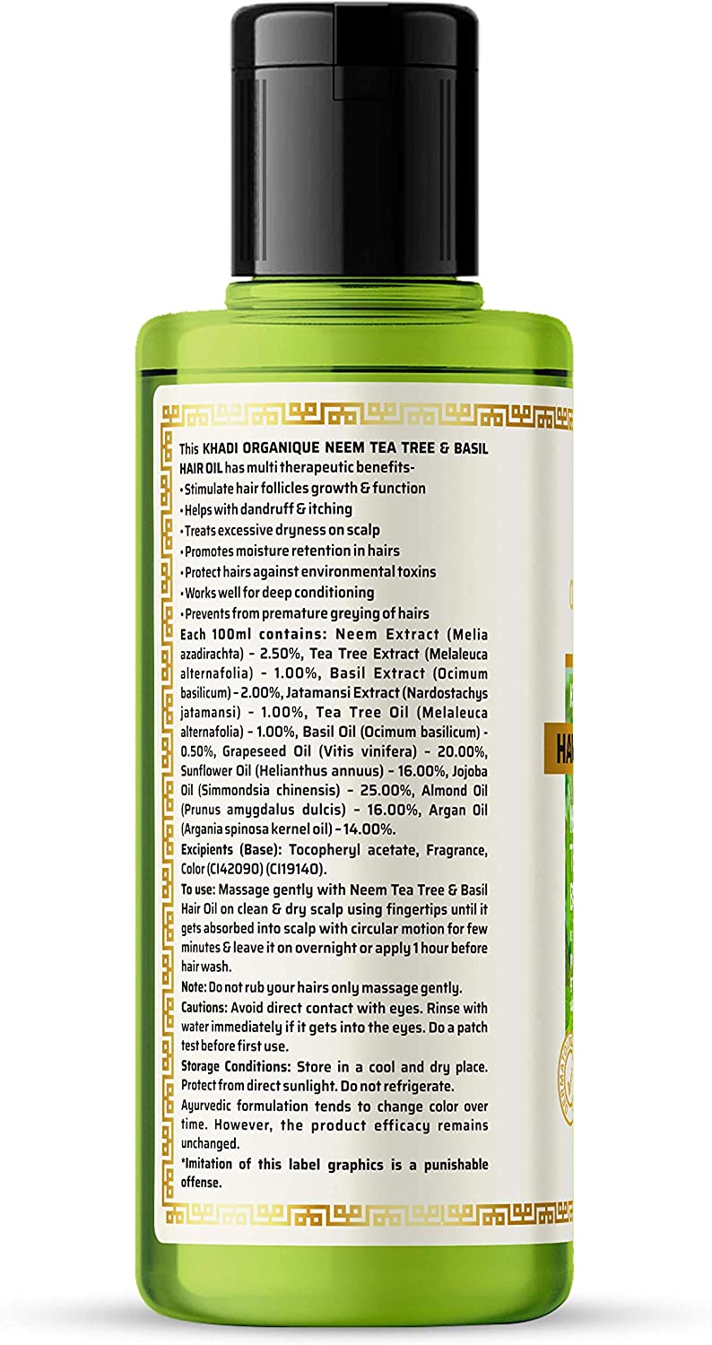 Khadi Organique Neem tea tree & basil Hair oil (Mineral Oil Free) 210ml