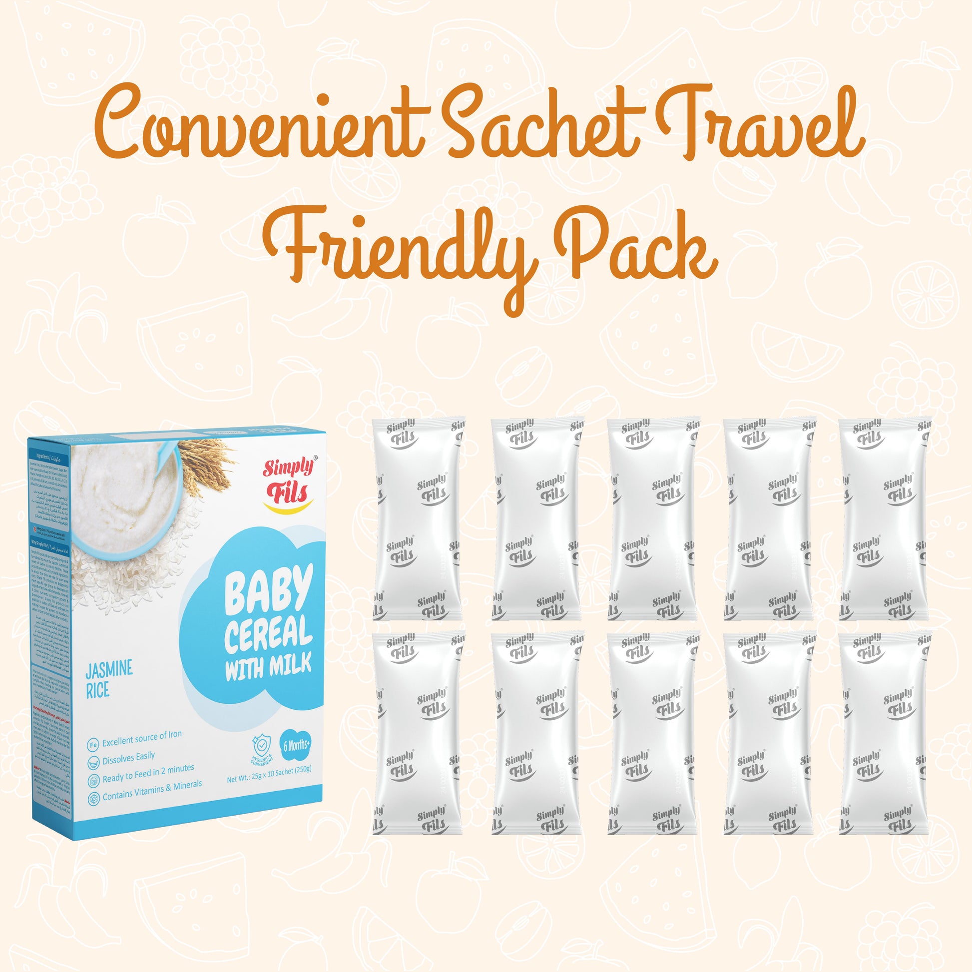 Simply Fils Baby Cereal with Jasmine Rice & Milk 10 Single Serve Infant Cereal Sachets, 6-36 Months, Fortified with Vitamins & Minerals-250gm