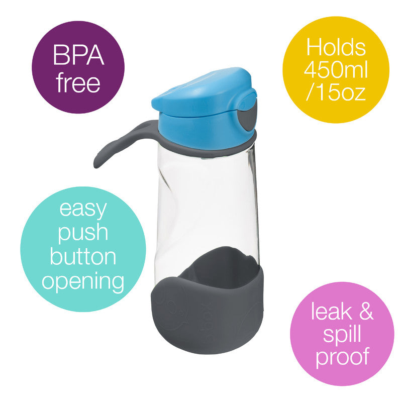 b.box Sport Spout Drink & Water Bottle | Easy Grip Bottle and Leakproof Lid | Cool Modern Child Friendly Design, Tilt and Sip | 450ml/15, Grey-Blue