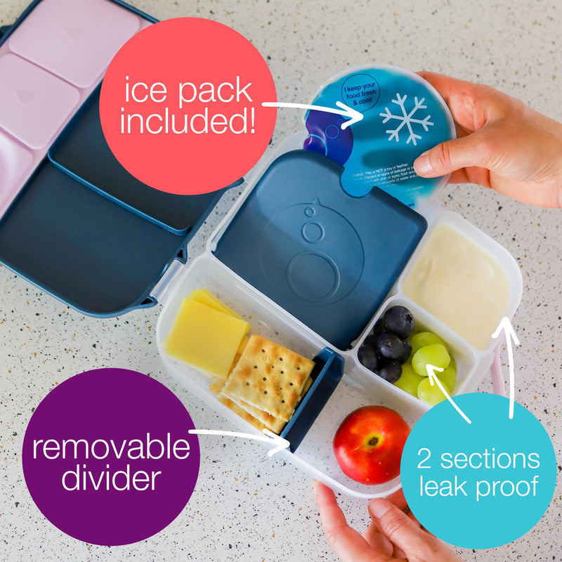 b.box Lunchbox | Jumbo Bento Box with 4 Compartments (2 Leakproof), Removable Divider, Gel Cold Pack | Ideal for School | From 3+ | 1L capacity | Blue