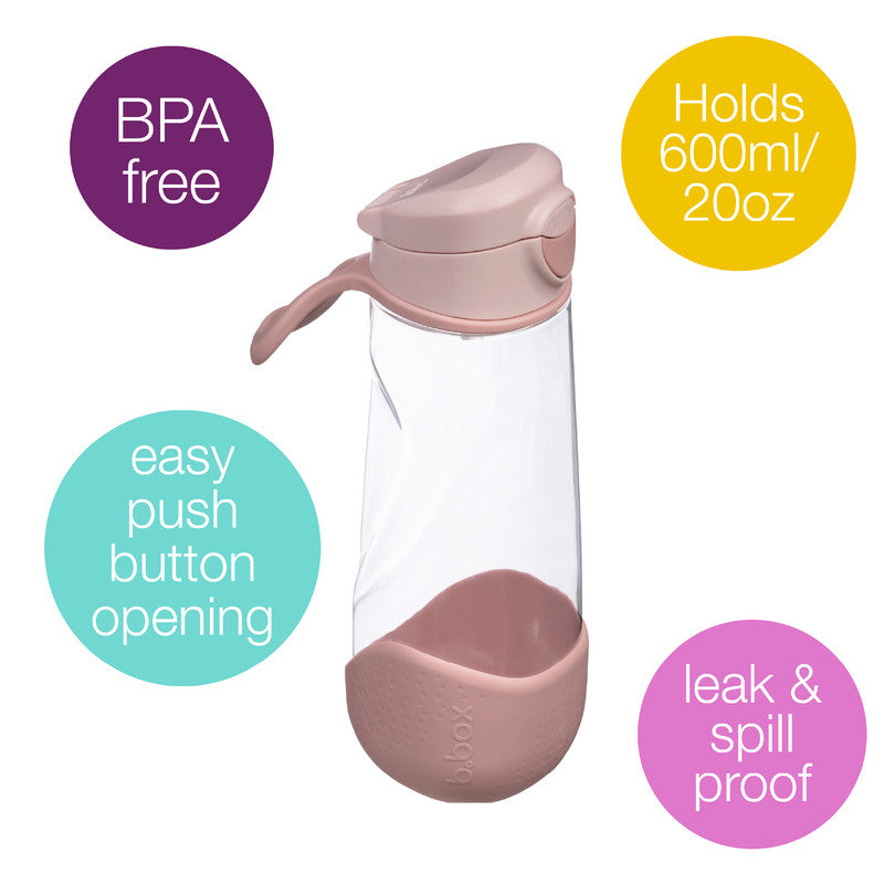 b.box Sport Spout Drink & Water Bottle | Easy Grip Bottle and Leakproof Lid | Cool Modern Child Friendly Design, Tilt and Sip | 600ml/20(blush crush)