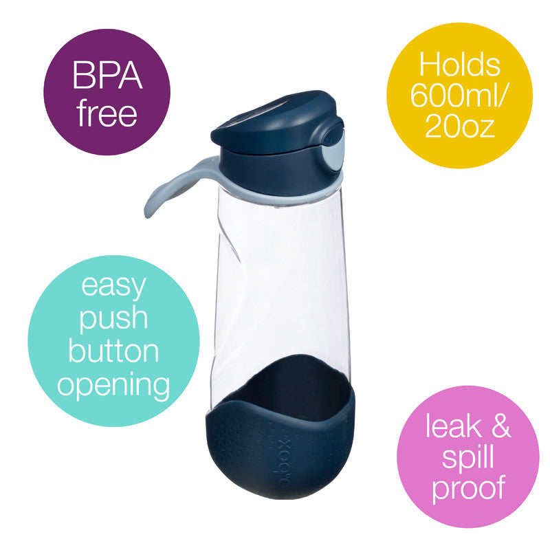 b.box Sport Spout Drink & Water Bottle | Easy Grip Bottle and Leakproof Lid | Cool Modern Child Friendly Design, Tilt and Sip | 600ml/20(mid night)