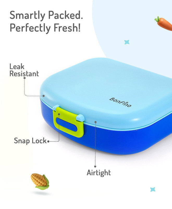 Bonfino Lunch Box, Leak-Resistant, Multi-Material Build, Durable, 3 Years+, 1300 mL, 24.3 x 21 x 7.7 cm - Blue