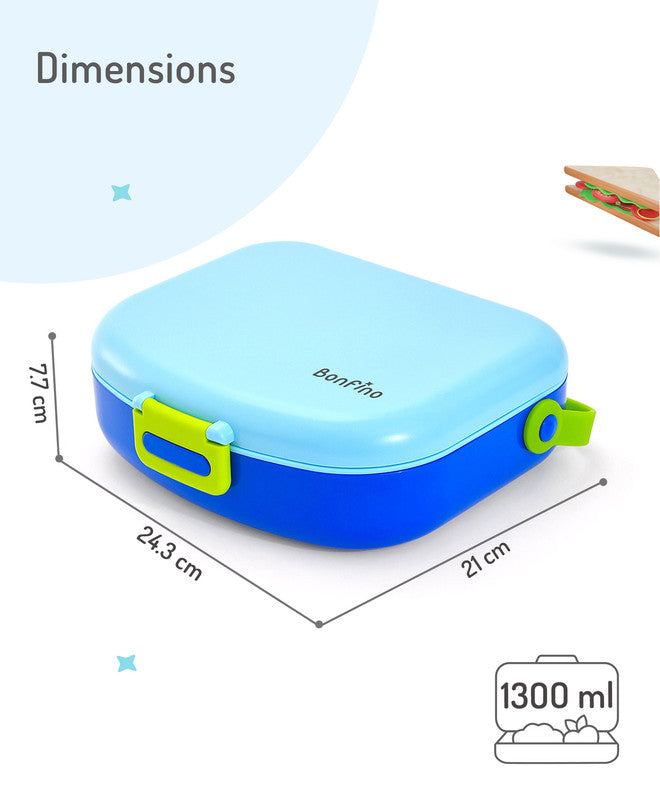 Bonfino Lunch Box, Leak-Resistant, Multi-Material Build, Durable, 3 Years+, 1300 mL, 24.3 x 21 x 7.7 cm - Blue