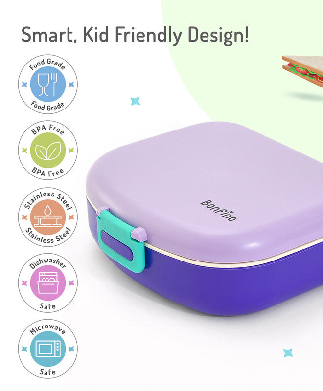 Bonfino Lunch Box, Leak-Resistant, Multi-Material Build, Durable, 3 Years+, 1300 mL, 24.3 x 21 x 7.7 cm - Purple