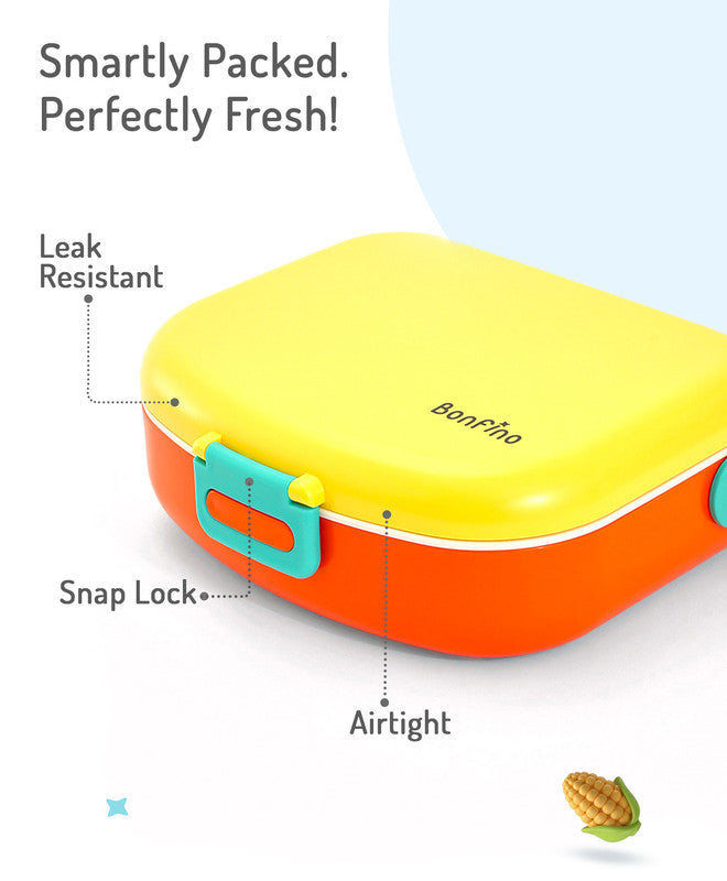 Bonfino Lunch Box, Leak-Resistant, Multi-Material Build, Durable, 3 Years+, 1300 mL, 24.3 x 21 x 7.7 cm - Yellow and Orange
