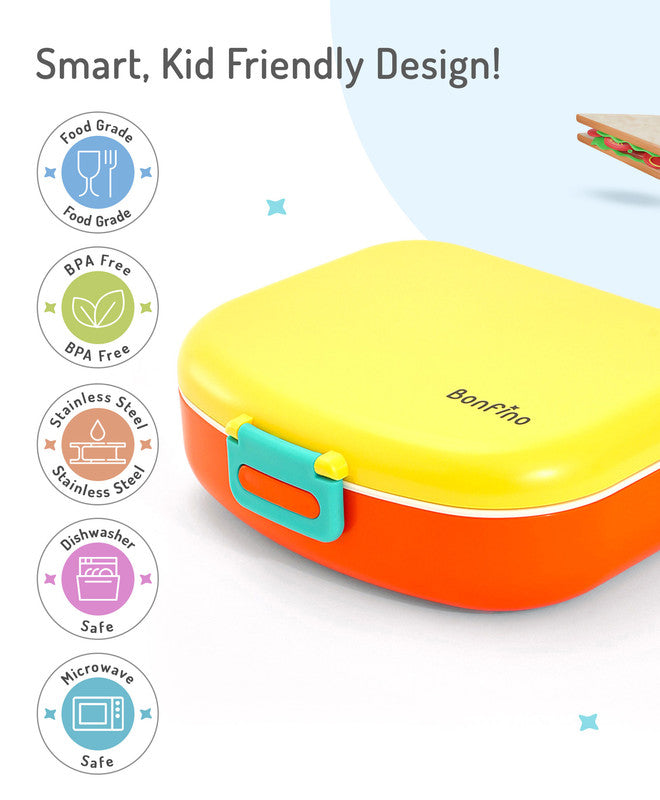 Bonfino Lunch Box, Leak-Resistant, Multi-Material Build, Durable, 3 Years+, 1300 mL, 24.3 x 21 x 7.7 cm - Yellow and Orange