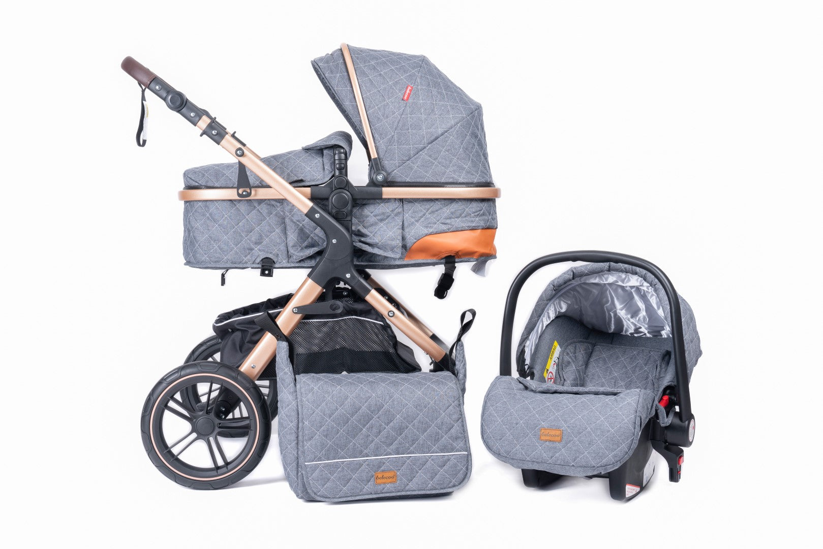 Belecoo one fold-to-half luxury pram 3 in 1 with Car Seat - Grey