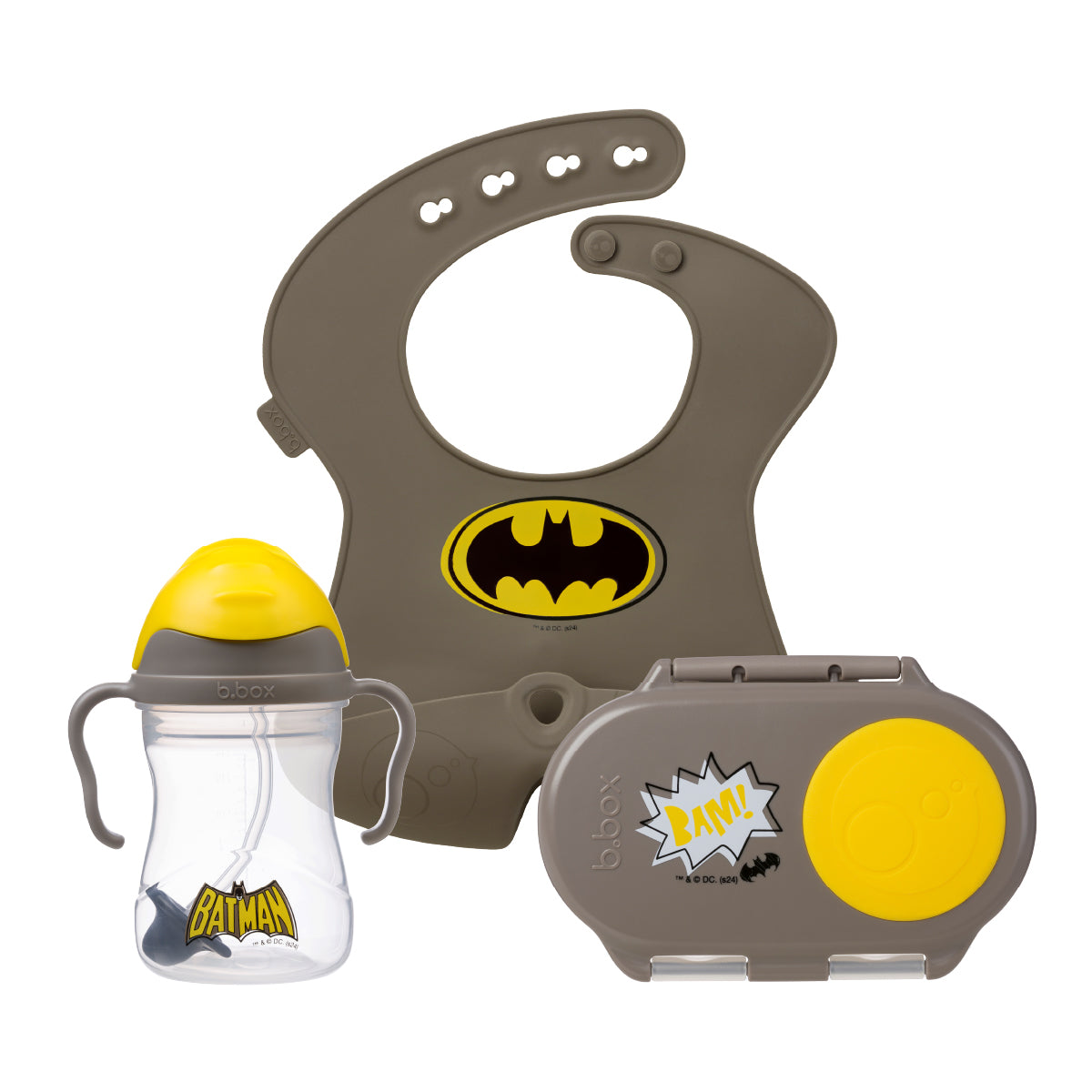 B.Box Batman Feeding Combo | Sippy Cup (240ml), Silicone Bib & Snackbox | Leakproof, BPA Free, Easy Grip, Dishwasher Safe | For Toddlers & Kids | 6m+ | On-the-Go Essentials