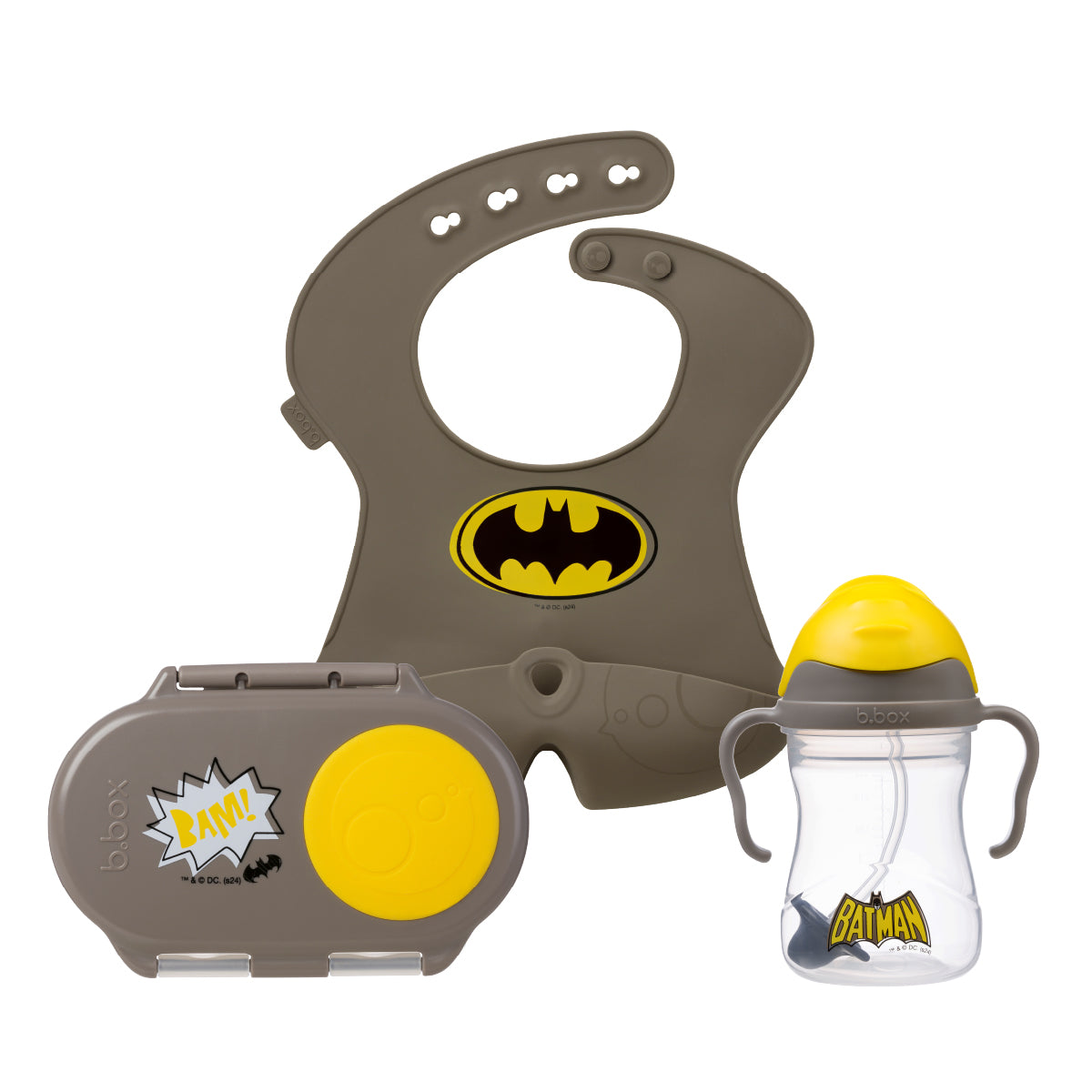 B.Box Batman Feeding Combo | Sippy Cup (240ml), Silicone Bib & Snackbox | Leakproof, BPA Free, Easy Grip, Dishwasher Safe | For Toddlers & Kids | 6m+ | On-the-Go Essentials