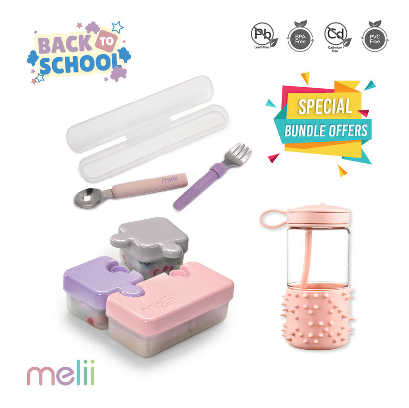 Melii Bundle - Baby Food Container - Water Bottle 17oz -  Spoon & Fork with Carrying Case