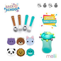 Melii Reusable Snack Bags with Zip Closure (Animals Design, 6 pcs), Spoons & Forks Set (Brown Bear & Turquoise Shark, 4 pcs), Abacus Straw Sippy Cup (Turquoise, 340 ml) - BPA Free, Durable, Fun Designs_1