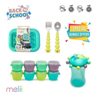 Melii Snap & Go Pods Baby Food Storage Container (4 oz, 8 pcs), Abacus Straw Sippy Cup (Turquoise, 340 ml), Silicone Caterpillar Spoon & Fork Set, Silicone Pop-It Ice Pack (Turquoise) - BPA Free, Durable, Fun Designs_1