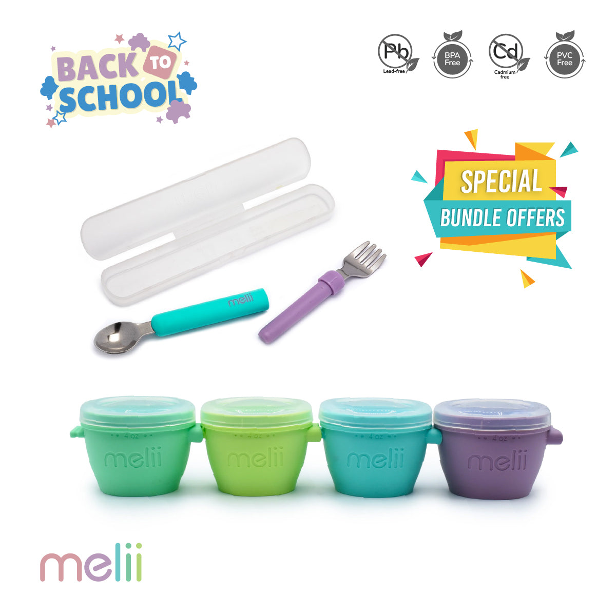 Melii Silicone Snap & Go Pads, Food Storage Container (4 oz, 4 pcs) & Detachable Spoon & Fork with Carrying Case (Blue & Purple) - BPA Free, Durable, Fun Designs