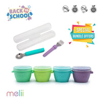 Melii Silicone Snap & Go Pads, Food Storage Container (4 oz, 4 pcs) & Detachable Spoon & Fork with Carrying Case (Blue & Purple) - BPA Free, Durable, Fun Designs_1