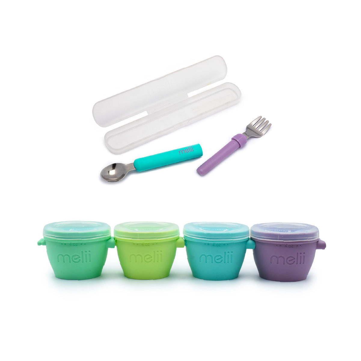 Melii Silicone Snap & Go Pads, Food Storage Container (4 oz, 4 pcs) & Detachable Spoon & Fork with Carrying Case (Blue & Purple) - BPA Free, Durable, Fun Designs