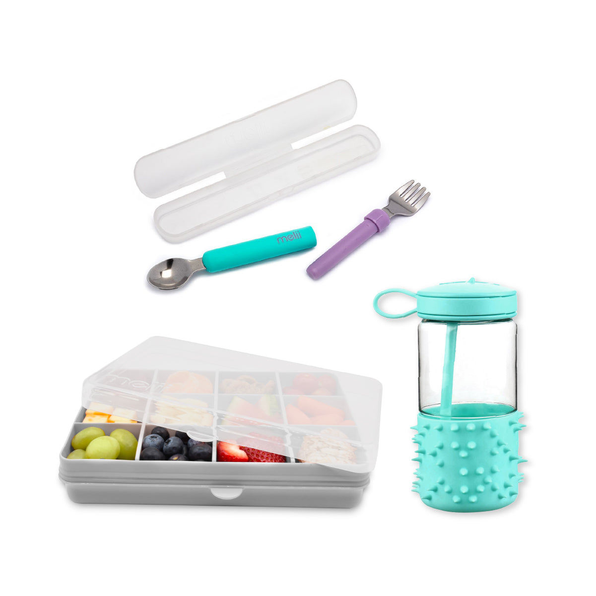 Melii Set of 3 Bundle - Snackle Food Container with Removable Divider 4oz - Water Bottle 17oz - Detachable Spoon & Fork with Carrying Case - Back to School Special