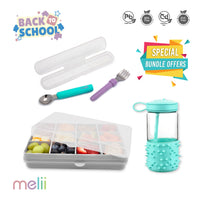 Melii Set of 3 Bundle - Snackle Food Container with Removable Divider 4oz - Water Bottle 17oz - Detachable Spoon & Fork with Carrying Case - Back to School Special_1