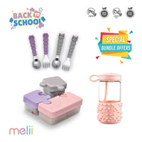 Melii Back to School Bundle - Puzzle Food Container (Pink, Purple, Grey), Spikey Water Bottle (Pink, 17 oz), Spoons & Forks Set (Purple Cat & Grey Bulldog, 4 Pcs) - BPA Free, Durable, Fun Designs_1