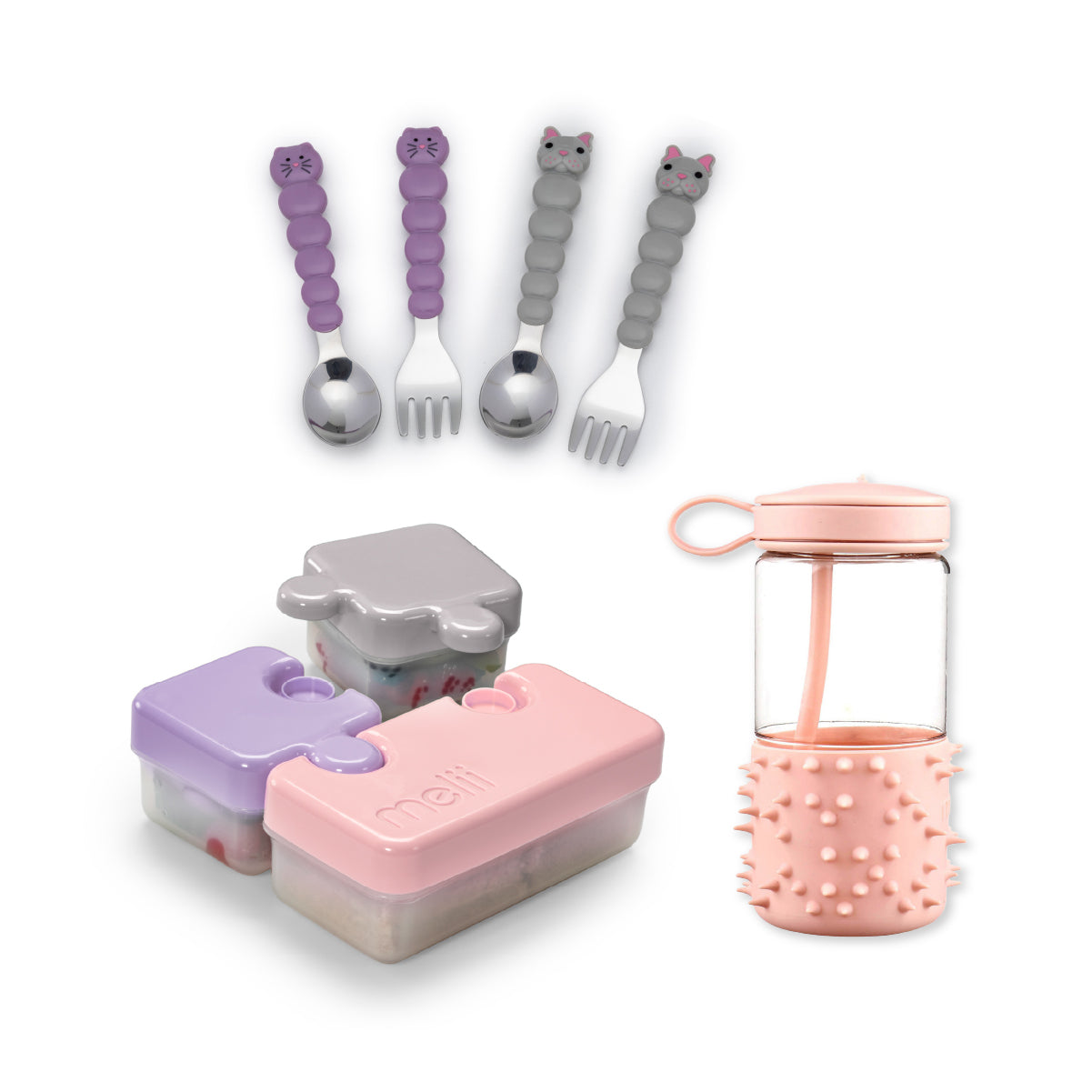 Melii Back to School Bundle - Puzzle Food Container (Pink, Purple, Grey), Spikey Water Bottle (Pink, 17 oz), Spoons & Forks Set (Purple Cat & Grey Bulldog, 4 Pcs) - BPA Free, Durable, Fun Designs