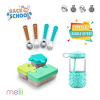 Melii Back to School Bundle - Puzzle Food Container (Lime, Turquoise Green), Spikey Water Bottle (Mint, 17 oz), Spoons & Forks Set (Brown Bear & Turquoise Shark, 4 Pcs) - BPA Free, Durable, Fun Designs_1