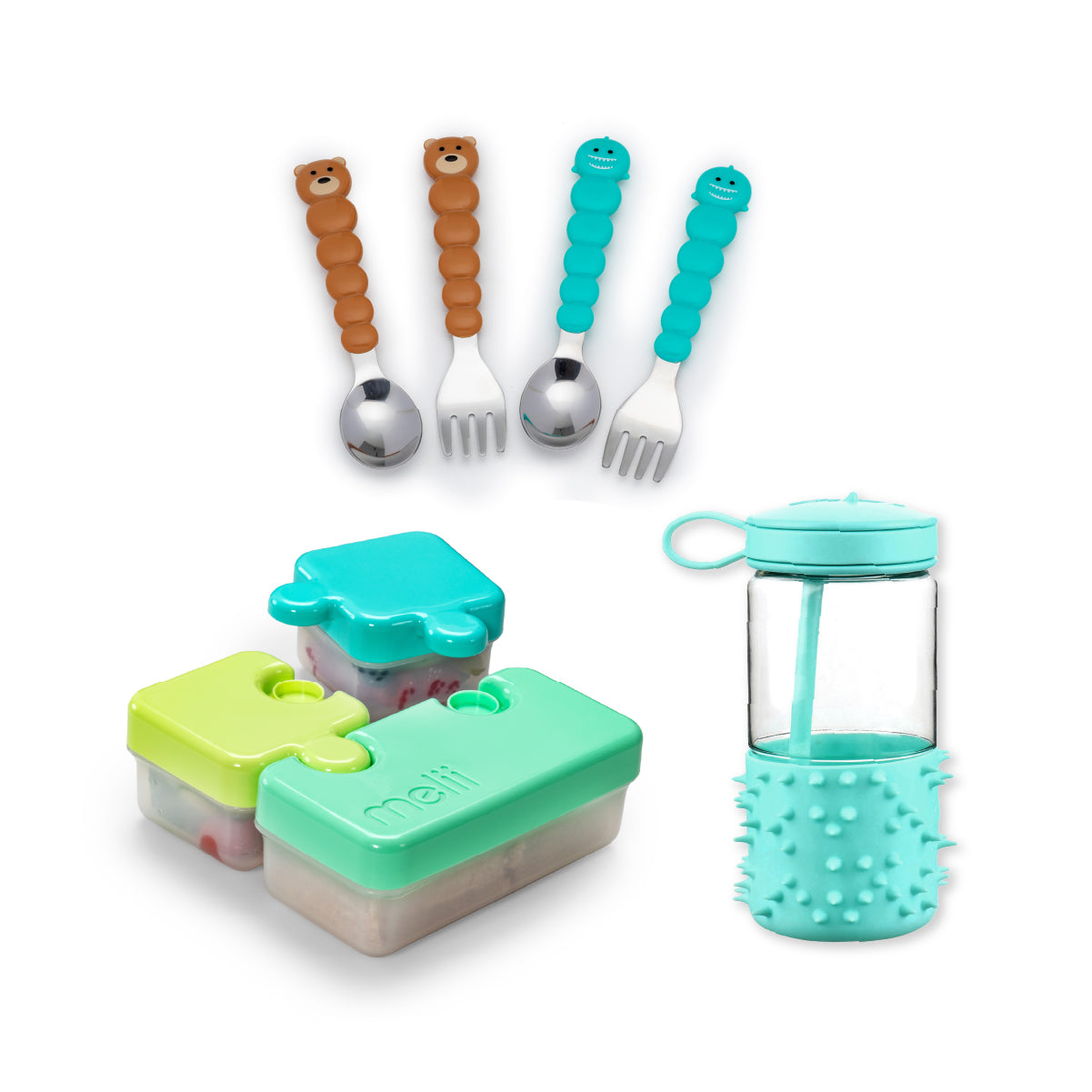 Melii Back to School Bundle - Puzzle Food Container (Lime, Turquoise Green), Spikey Water Bottle (Mint, 17 oz), Spoons & Forks Set (Brown Bear & Turquoise Shark, 4 Pcs) - BPA Free, Durable, Fun Designs