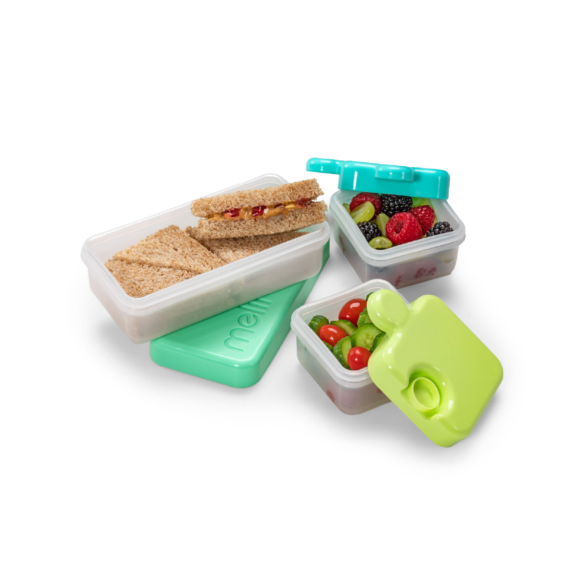 Melii Back to School Bundle - Puzzle Food Container (Lime, Turquoise Green), Spikey Water Bottle (Mint, 17 oz), Spoons & Forks Set (Brown Bear & Turquoise Shark, 4 Pcs) - BPA Free, Durable, Fun Designs