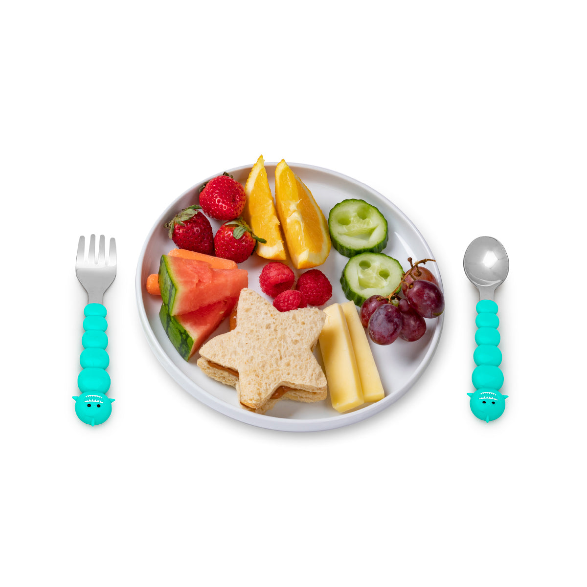 Melii Back to School Bundle - Puzzle Food Container (Lime, Turquoise Green), Spikey Water Bottle (Mint, 17 oz), Spoons & Forks Set (Brown Bear & Turquoise Shark, 4 Pcs) - BPA Free, Durable, Fun Designs