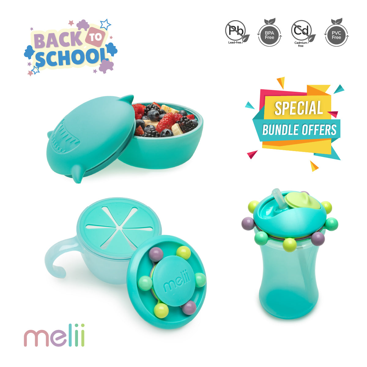 Melii Back to School Bundle - Silicone Bowl with Lid (Turquoise Shark, 350 ml), Abacus Snack Container with Finger Trap (Turquoise), Abacus Straw Sippy Cup (Turquoise, 340 ml) - BPA Free, Durable, Fun Designs