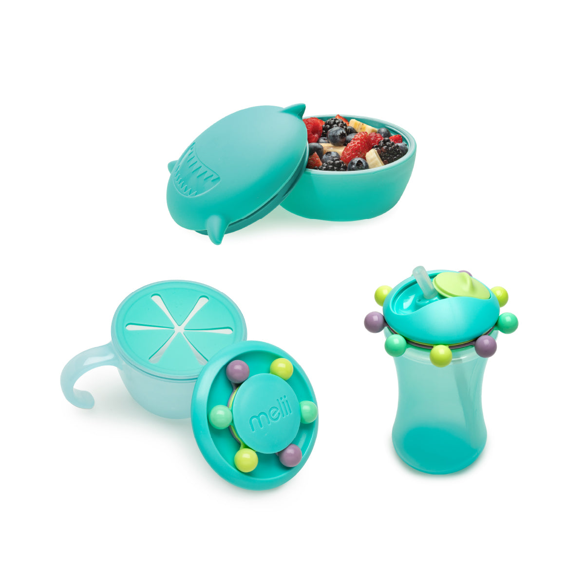 Melii Back to School Bundle - Silicone Bowl with Lid (Turquoise Shark, 350 ml), Abacus Snack Container with Finger Trap (Turquoise), Abacus Straw Sippy Cup (Turquoise, 340 ml) - BPA Free, Durable, Fun Designs