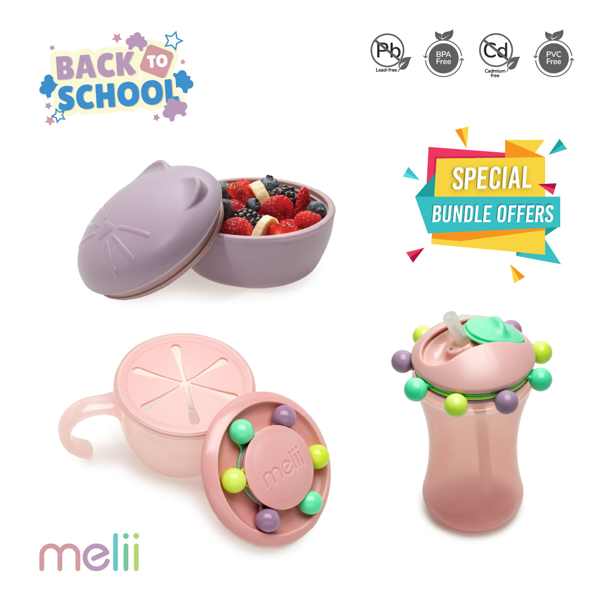 Melii Back to School Bundle - Silicone Bowl with Lid (Purple Cat, 350 ml), Abacus Snack Container with Finger Trap (Pink), Abacus Straw Sippy Cup (Pink, 340 ml) - BPA Free, Durable, Fun Designs