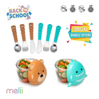 Melii Snack Containers & Utensil Set - Turquoise Shark & Brown Bear Snack Containers, Brown Bear & Blue Shark Utensil Set (6 Pcs) - BPA Free, Durable, Fun Designs_1