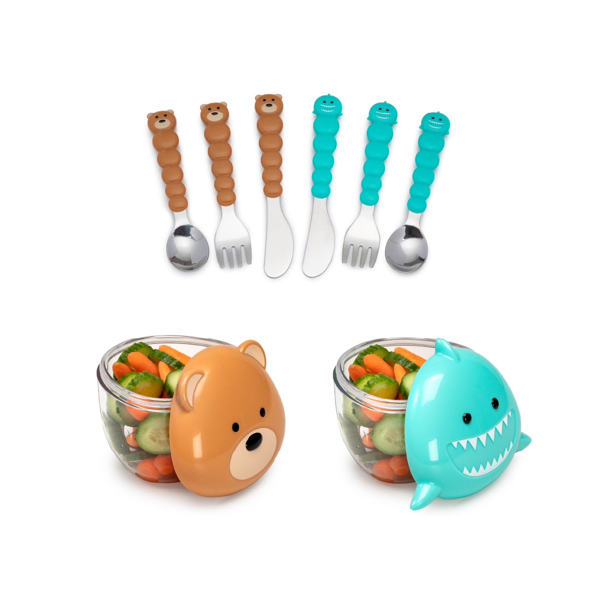 Melii Snack Containers & Utensil Set - Turquoise Shark & Brown Bear Snack Containers, Brown Bear & Blue Shark Utensil Set (6 Pcs) - BPA Free, Durable, Fun Designs