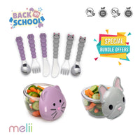 Melii Snack Containers & Utensil Set - Bulldog & Purple Cat Snack Containers, Purple Cat & Grey Bulldog Utensil Set (6 Pcs) - BPA Free, Durable, Fun Designs_1