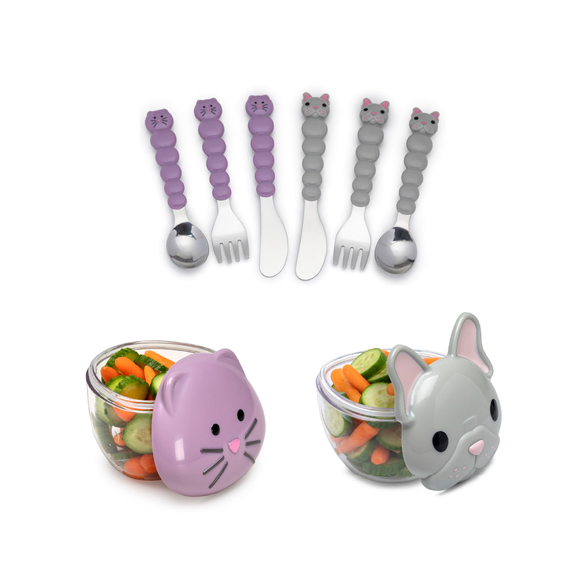 Melii Snack Containers & Utensil Set - Bulldog & Purple Cat Snack Containers, Purple Cat & Grey Bulldog Utensil Set (6 Pcs) - BPA Free, Durable, Fun Designs