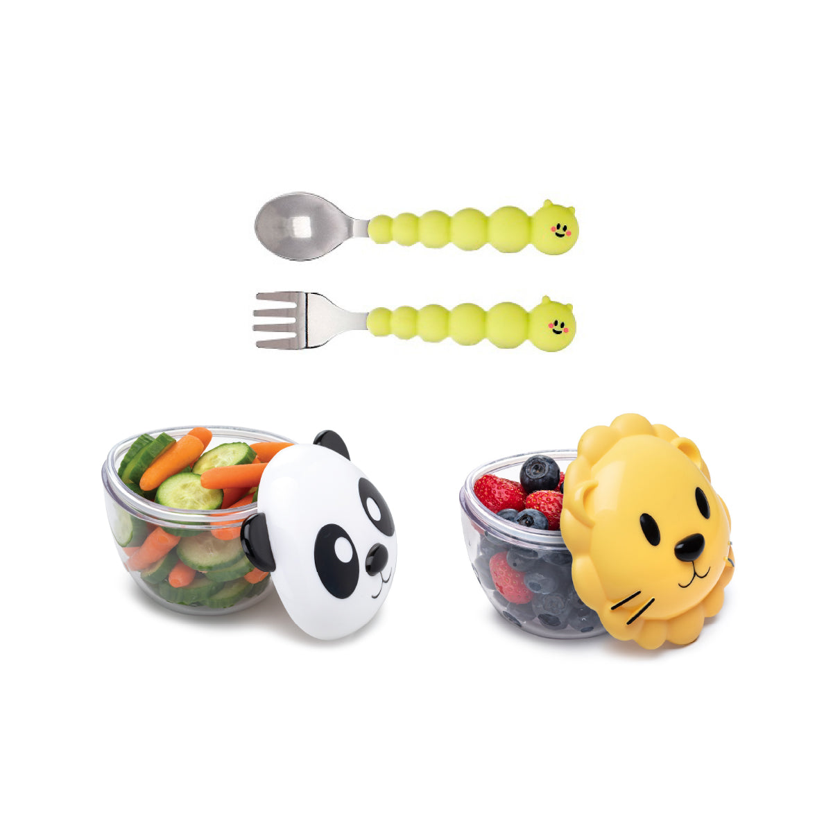 Melii Snack Containers & Utensil Set - Lion & Panda Snack Containers, Silicone Caterpillar Spoon & Fork Set - BPA Free, Durable, Fun Designs