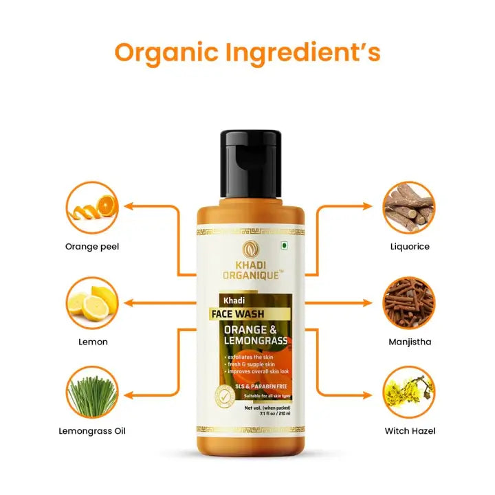 Khadi Organique  Orange & Lemongrass Face Wash (SLS & paraben Free) 210ml