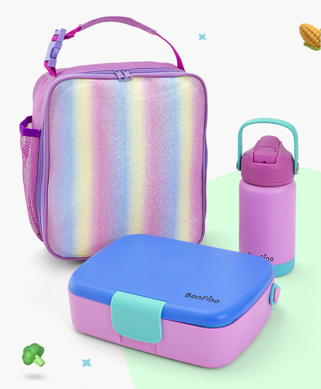 Bonfino Lunch Box with Bottle and Lunch Bag, Leak-Resistant, Multi-Material Build, Durable, 3 Years+, Blue and Purple - 3 Pieces