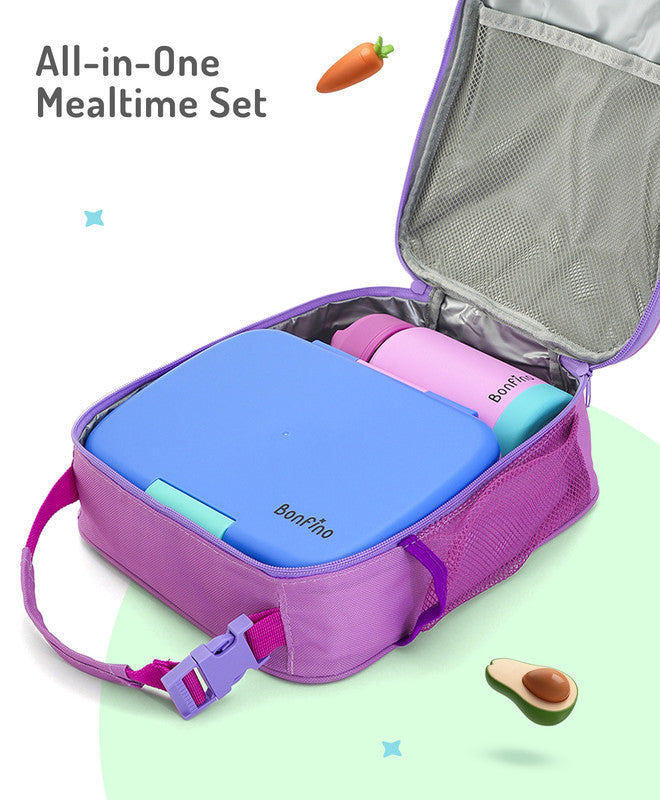 Bonfino Lunch Box with Bottle and Lunch Bag, Leak-Resistant, Multi-Material Build, Durable, 3 Years+, Blue and Purple - 3 Pieces