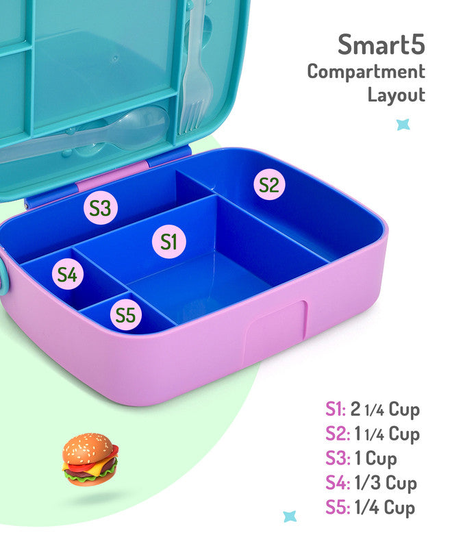 Bonfino Lunch Box with Bottle and Lunch Bag, Leak-Resistant, Multi-Material Build, Durable, 3 Years+, Blue and Purple - 3 Pieces