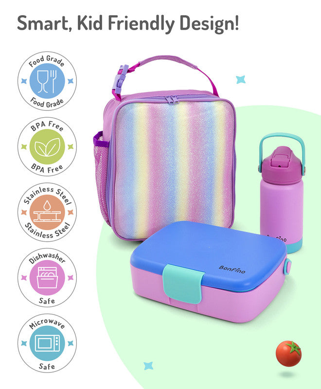 Bonfino Lunch Box with Bottle and Lunch Bag, Leak-Resistant, Multi-Material Build, Durable, 3 Years+, Blue and Purple - 3 Pieces