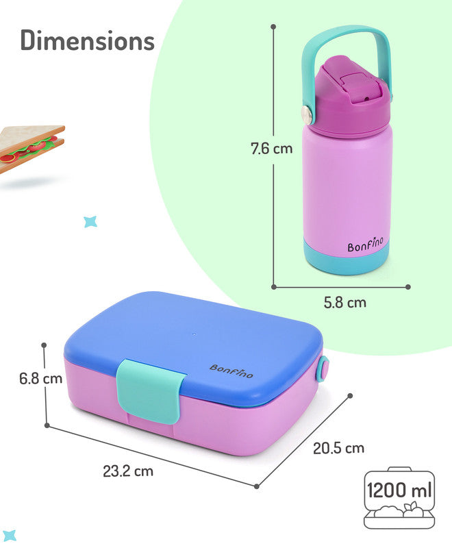 Bonfino Lunch Box with Bottle and Lunch Bag, Leak-Resistant, Multi-Material Build, Durable, 3 Years+, Blue and Purple - 3 Pieces