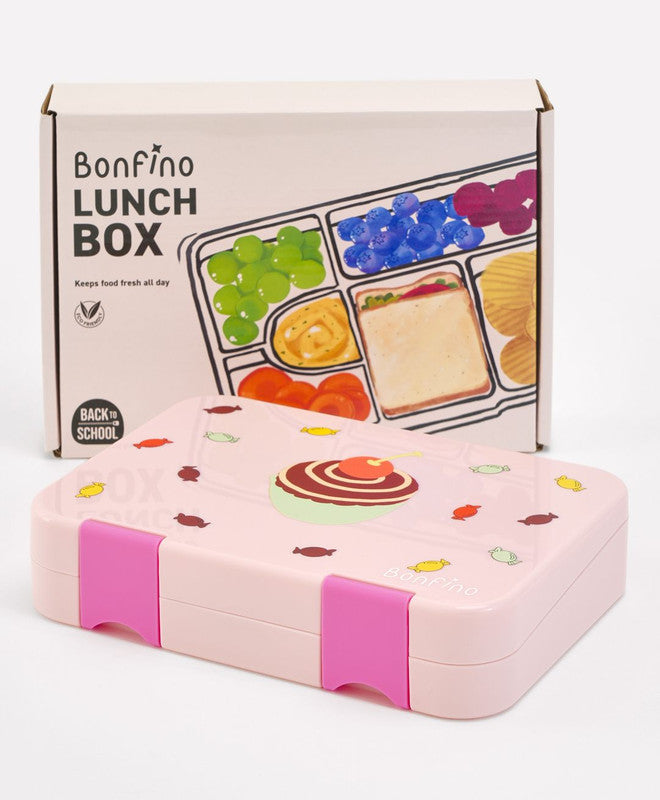 Bonfino Lunch Box, Cake Theme, Easy to Carry, Leak-Proof Lid, Microwave Safe, 3 Years+, 22 x 15.5 x 5cm - Pink