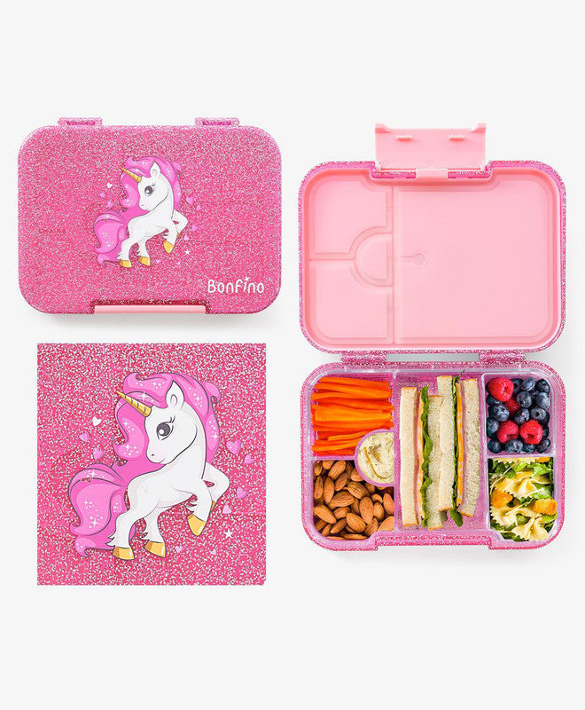 Bonfino Unicorn ABS Bento Lunch Box, BPA Free, Microwave Safe Removable Tray, 6 Adjustable Compartments, Leak Resistant, Lightweight, 3 Years+, 22x15.5x5cm, 1L - Pink